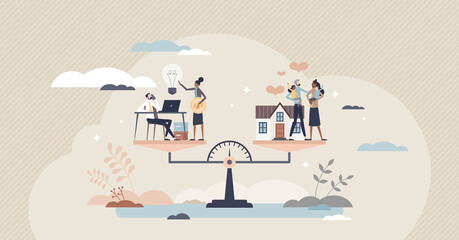 Work life balance as career or family relationship scales tiny person concept. Choose time between passion, love vs job, money and professional management vector illustration. Comparison of choices.
