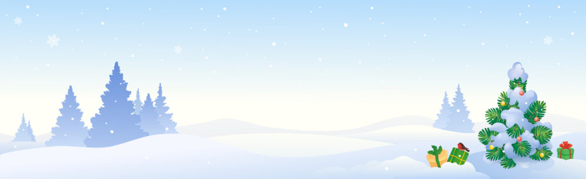 Vector cartoon illustration of Christmas tree, winter panoramic landscape