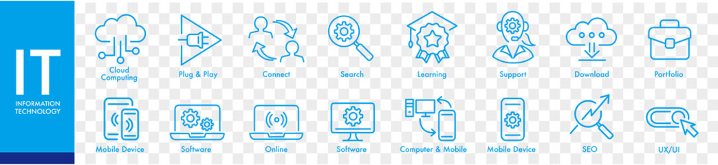 IT information technology, software, website content, network system, web design, mobile device, icon set editable stroke vector 
