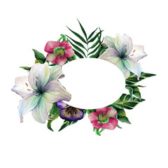 Floral botanical frame with lily, mimosa, tropical leaves for beauty design. Wreath isolated for decoration