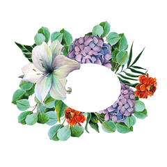 Floral wreath with lily, hydrangea, tropical leaves. Watercolor botanical illustration for design