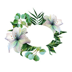 Wreath of lilies flowers, tropic leaves for design gift card and invitations. Floral watercolor design