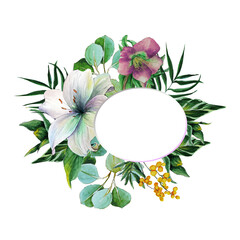 Watercolor flowers and leaves for design, invitations and wedding. Lilies, anemones, 
violets on isolated wreath for decoration