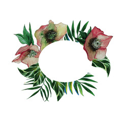 Botanical watercolor Frame for inscriptions with flowers and tropical leaves