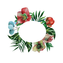 Isolated frame with watercolor flowers and leaves. Pink anemones and roses for design.