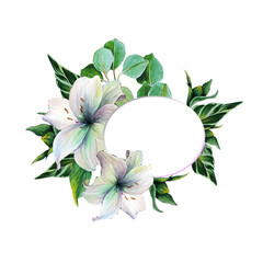 Botanical frame for inspiration, wedding invitation. Watercolor lilies and tropical leaves