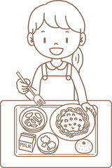 給食を食べる子ども・食堂のメニュー：Children eating school lunch.This is the school lunch menu.