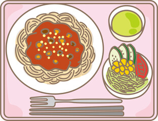 給食を食べる子ども・食堂のメニュー：Children eating school lunch.This is the school lunch menu.