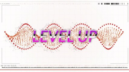 Animation of level up text over red spinning dna strand - Powered by Adobe