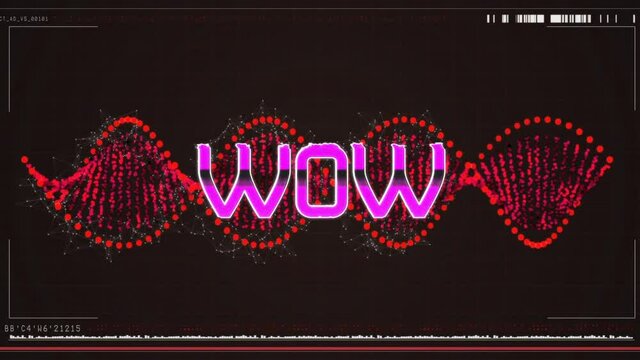Animation of wow text over red spinning dna strand