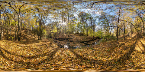 full seamless hdri 360 panorama near mountain stream in tree-covered ravine in autumn forest in sunny day equirectangular spherical projection. ready VR AR virtual reality content