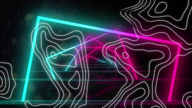 Animation of neon squares and isohypses on black background