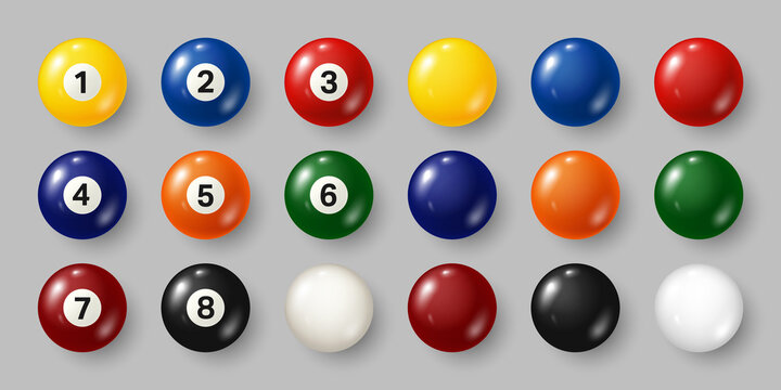 Colorful Billiard, Pool Balls With Numbers On Gray Background. Realistic Glossy Snooker Ball. Vector Illustration.