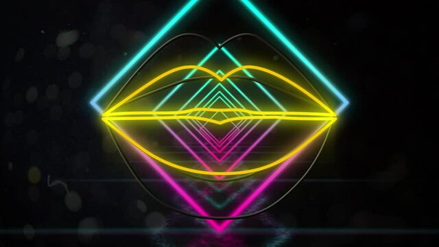Animation of neon lips and squares on black background