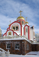 Fototapeta na wymiar City of Vidnoye, Russia - February, 2021: Temple of the Martyr George the Victorious