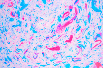 Variegated colored background, paint particles on white. Dye stains on the surface of the liquid. Abstract background.