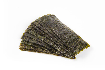 Crispy nori dried seaweed isolated on white background. 