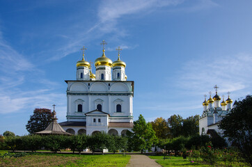 Village Teryaevo, Volokolamsk district, Moscow region, Russia - September, 2020:  Iosifo-Volotsky monastery, Assumption cathedral and Church of the Epiphany