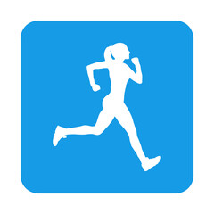 Fototapeta na wymiar Logotipo carrera a pie. Icono con silueta de mujer corredora en cuadrado color azul