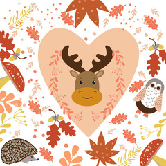 Set of cute deer in  heart shape  and forest  fall elements