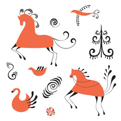 Vector illustration with national Russian Mezen painting. Doodle drawing.