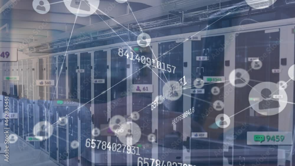 Poster animation of colorful falling numbers and network of connections over computer servers