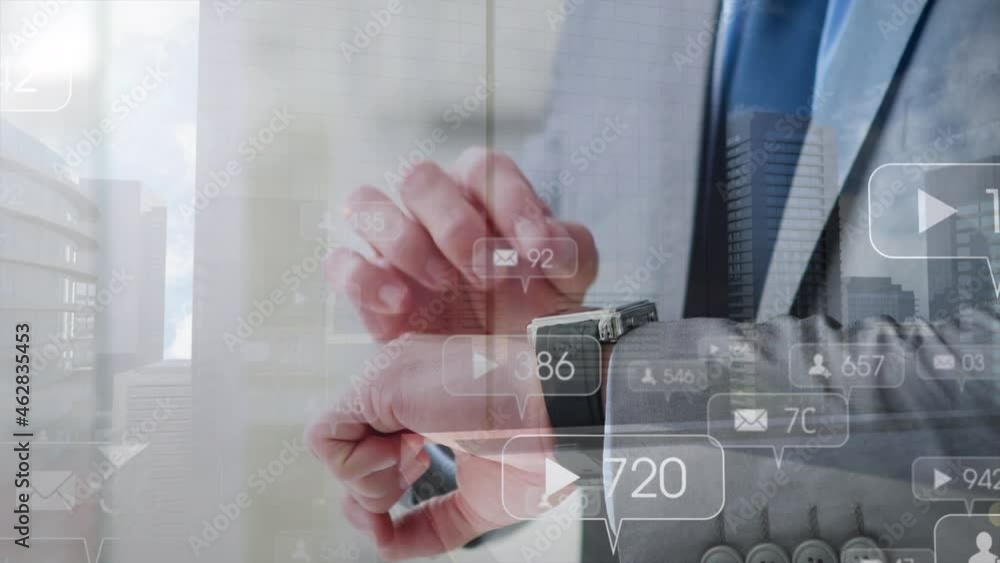 Poster animation of falling numbers and security shield over man using smartwatch