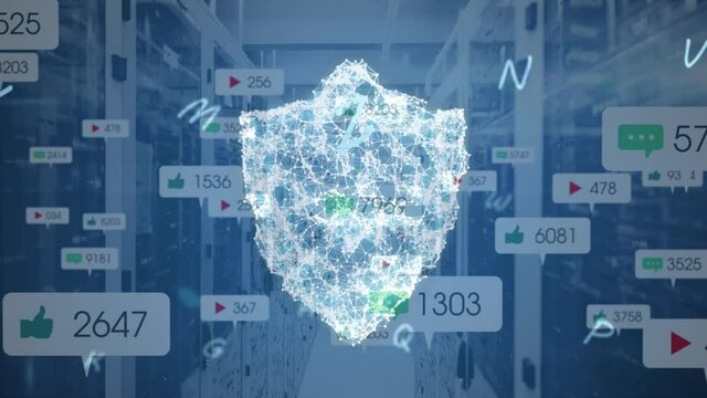 Animation of falling numbers and security shield over computer servers
