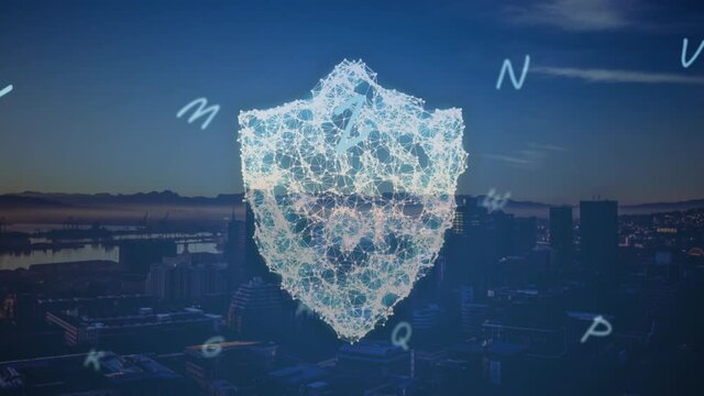 Animation of falling numbers and security shield over cityscape
