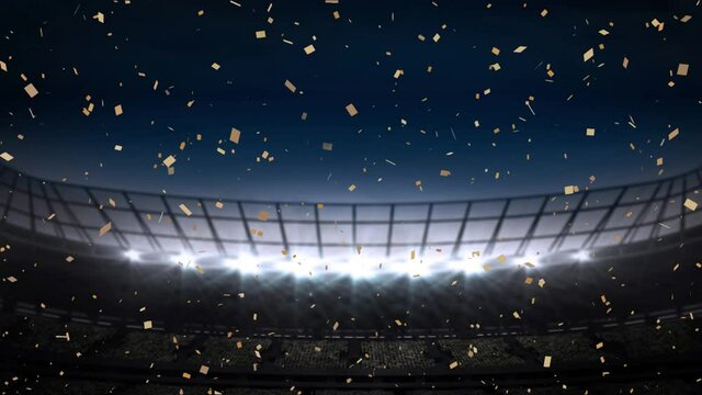 Animation of confetti floating over sports stadium at night