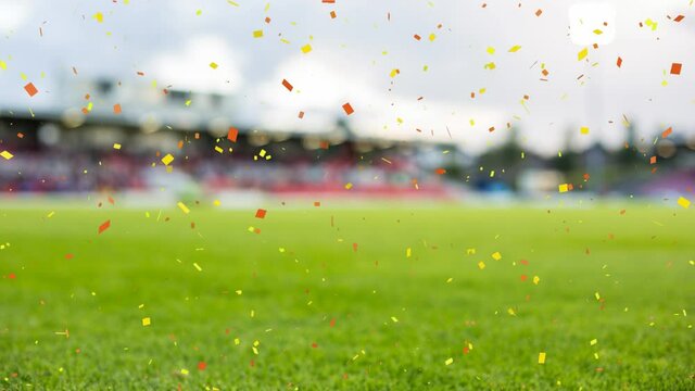 Animation of confetti floating over sports stadium