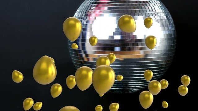 Animation of balloons floating over rotating mirror ball