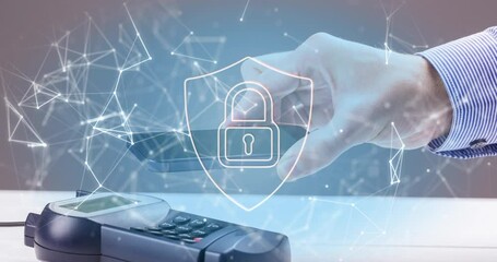 Animation of network of connections and security padlock on shield over payment terminal - Powered by Adobe