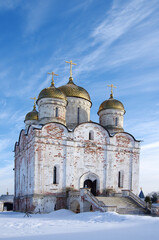 Mozhaisk, Russia - February, 2021: Luzhnetsky Ferapontovsky monastery in winter frozen day