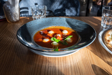 Spicy Tomato Soup with cheese mozzarella balls in beautiful plate shot in natural light