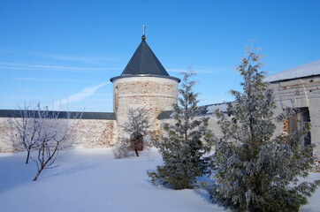 Fototapeta na wymiar Mozhaisk, Russia - February, 2021: Luzhnetsky Ferapontovsky monastery in winter frozen day