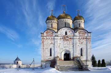 Mozhaisk, Russia - February, 2021: Luzhnetsky Ferapontovsky monastery in winter frozen day