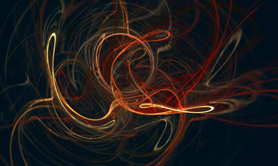 Dynamic motion of long exposure red orange yellow lights in deep dark space. Light drawing with blur and smudges. Festive or decorative digital 3d illustration. Great as background, texture, print.