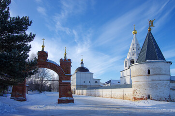 Mozhaisk, Russia - February, 2021: Luzhnetsky Ferapontovsky monastery in winter frozen day