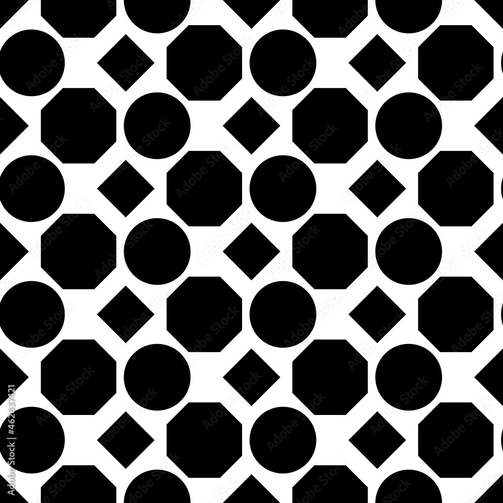 Poster Black octagons, rhombuses and circles. Identical and repeating geometric shapes that do not touch each other. White background and black shapes create a pattern.