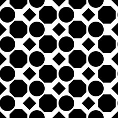 Black octagons, rhombuses and circles. Identical and repeating geometric shapes that do not touch each other. White background and black shapes create a pattern.