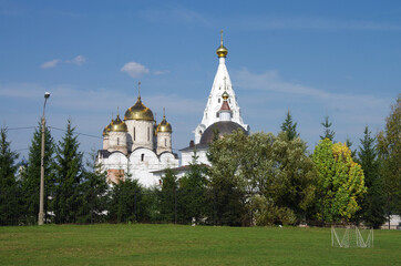 Mozhaisk, Russia - September, 2019: Luzhnetsky Ferapontovsky monastery and football field and gate