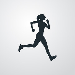 Fototapeta na wymiar Logotipo carrera a pie. Icono con silueta de mujer corredora en fondo gris