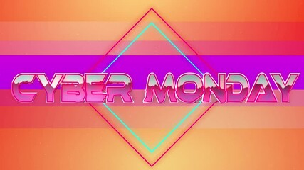 Animation of cyber monday text in pink metallic letters over neon lines on purple and orange