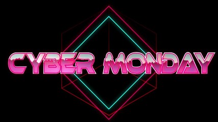 Animation of cyber monday text in pink metallic letters over neon lines on black