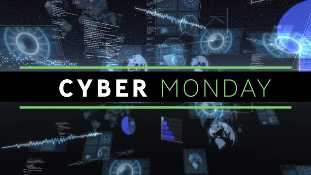 Digital animation of cyber monday text banner against multiple round scanners and data processing
