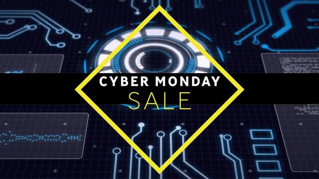 Digital animation of cyber monday text banner against round scanners and microprocessor connections