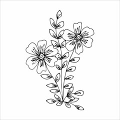 Hand drawn flower single doodle element for coloring, black and white vector image