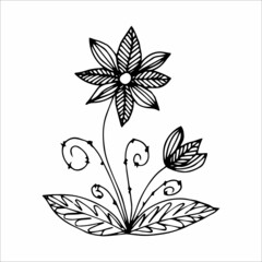Hand drawn flower single doodle element for coloring, black and white vector image