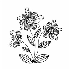 Hand drawn flower single doodle element for coloring, black and white vector image